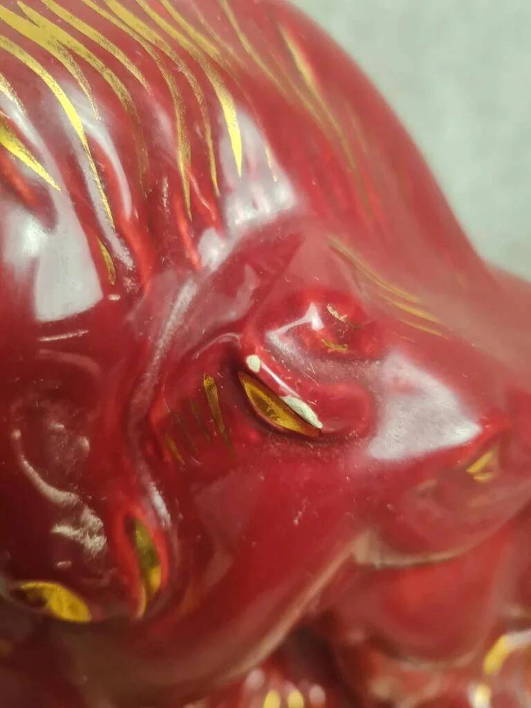 Vintage sculpture of mare and foal signed Jean – red ceramic and gilding.