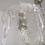 French Antique Glass and Crystal Barley Twist 3 Armed 4-Light Chandelier 5135