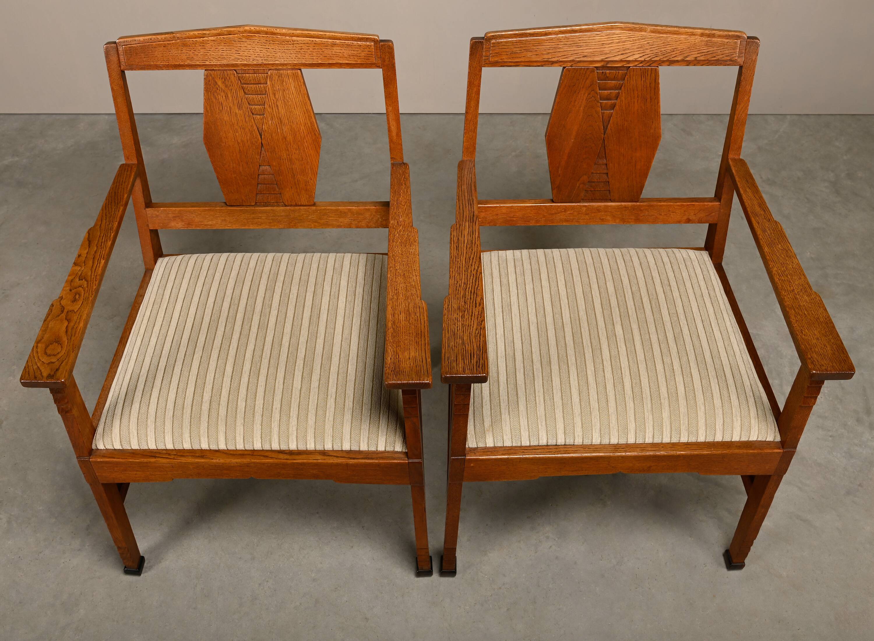 Dutch Art Deco Amsterdam School Armchairs in solid Oak and striped fabric