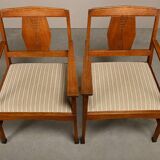 Dutch Art Deco Amsterdam School Armchairs in solid Oak and striped fabric