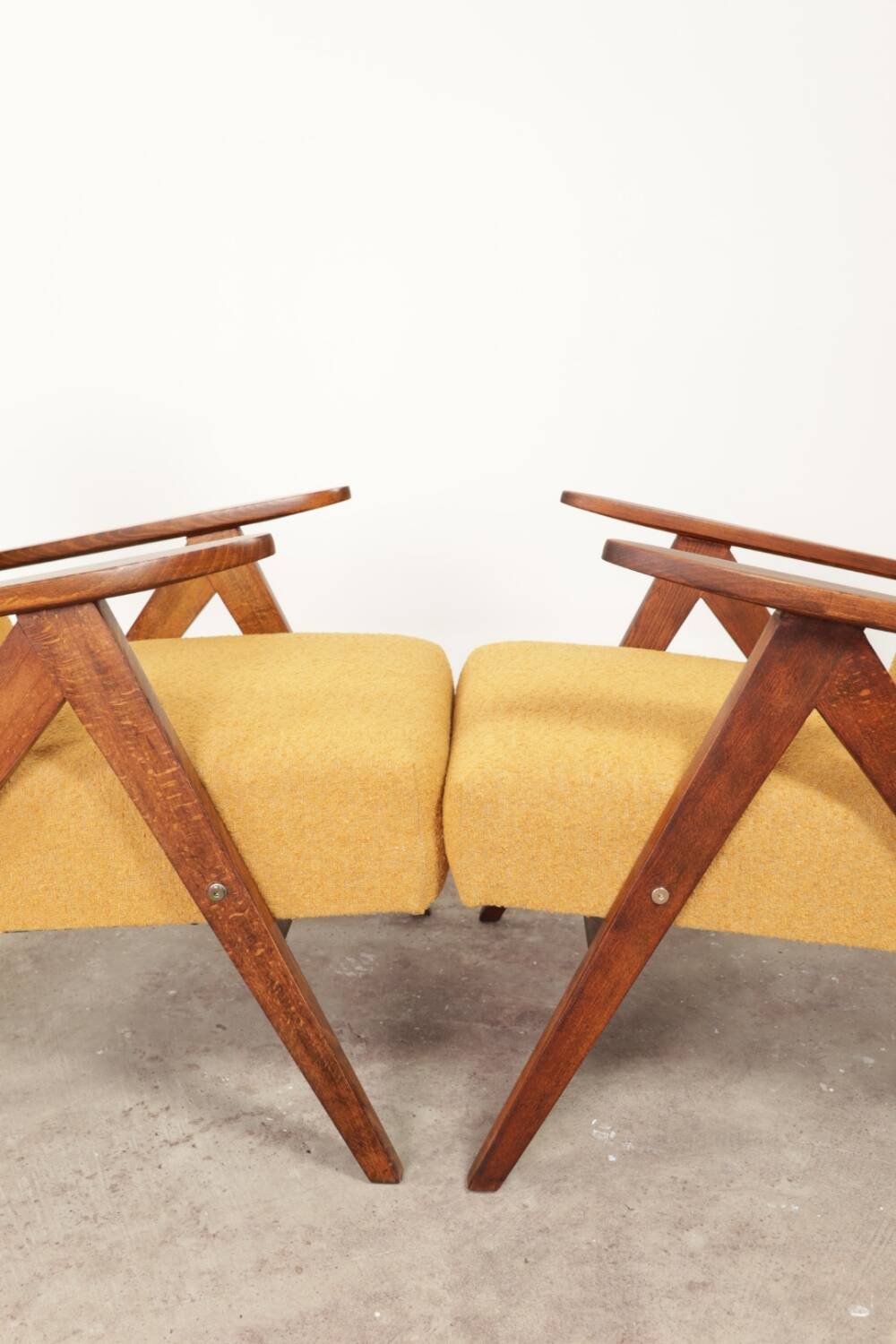 Vintage armchair, mustard yellow, curly zigzag pattern, set of 2