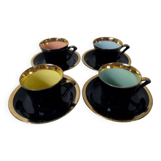 4 anciennes tasses noires et or couleur Vintage