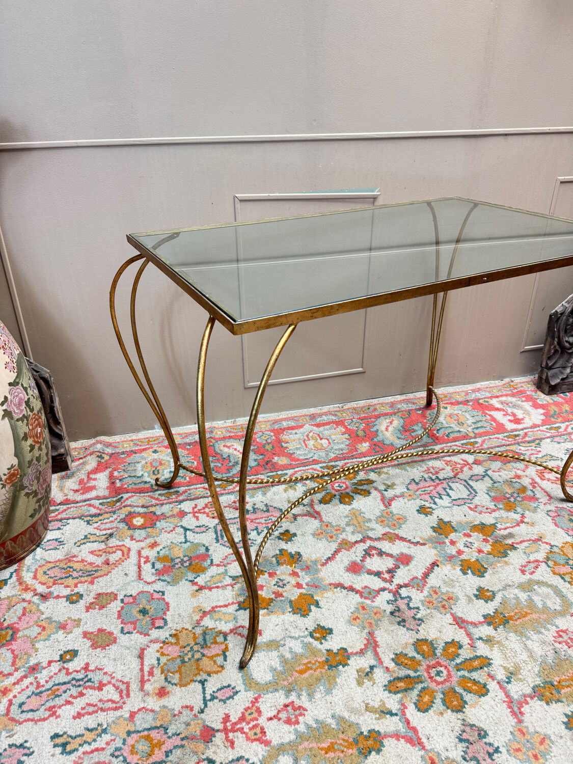 Golden wrought iron console table circa 1950