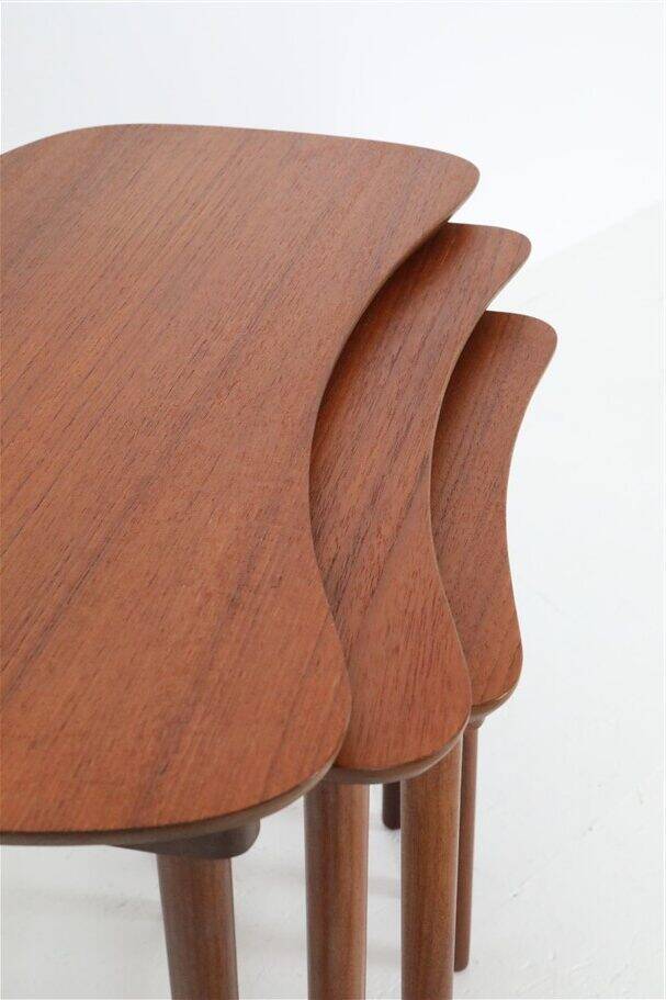 Set of 3 asymmetrical teak nesting tables / side tables / Mid Century Danish Modern Design / 1950s / 1960s
