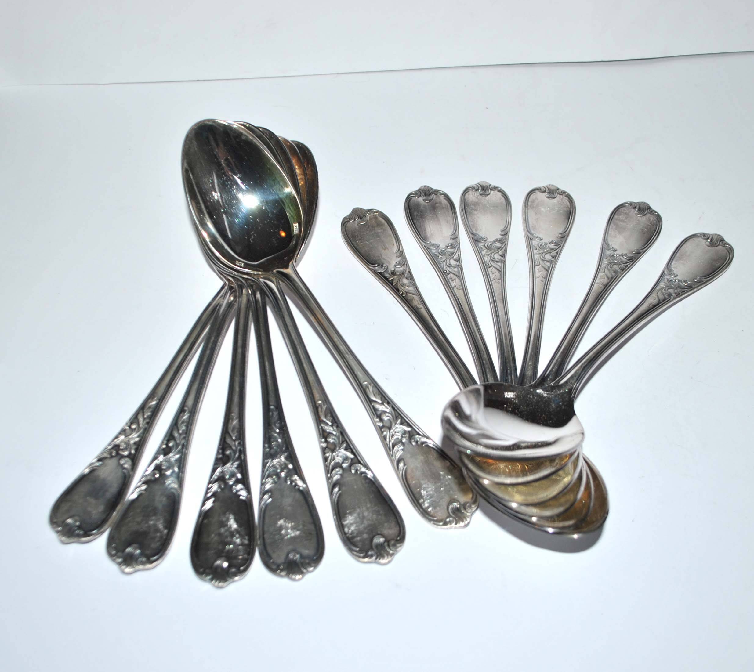 Set of 12 ercuis soup spoons in silver metal - marly rocaille decoration 20.5cm