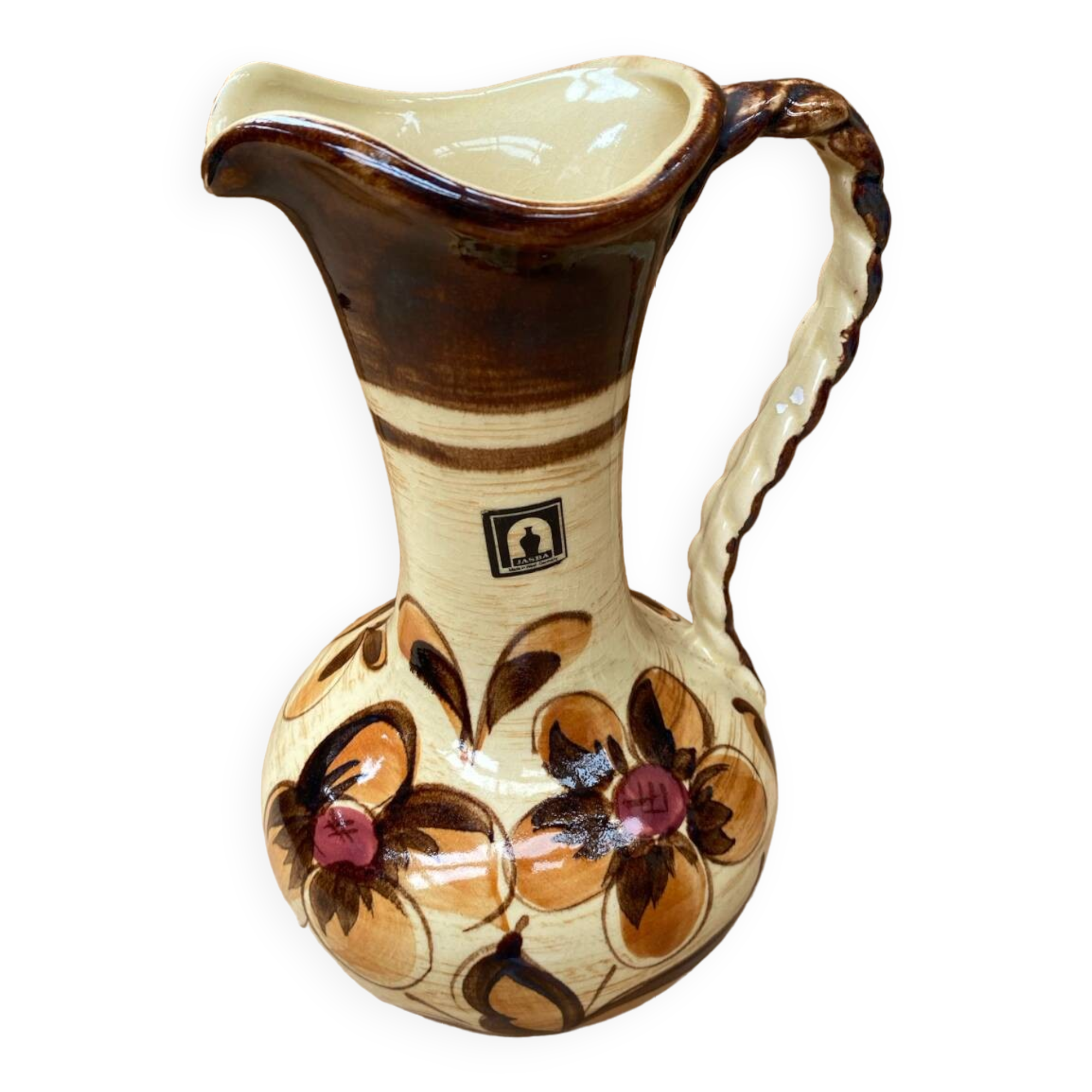 Antique JASBA Ceramic Pitcher Brown Beige Flower Decor Germany Vintage #B243