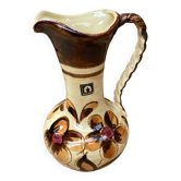 Ancien Pichet JASBA Céramique Marron Beige Décor De Fleurs Germany Vintage #B243