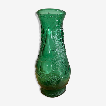 Vase vintage en verre vert année 1950 Bambicho Marseille décor fruits