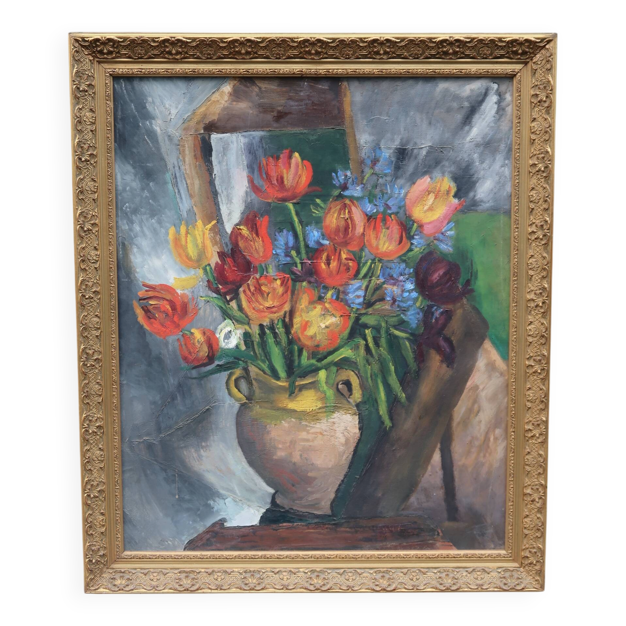 Large old oil painting, Still Life with Tulips, Gilded frame