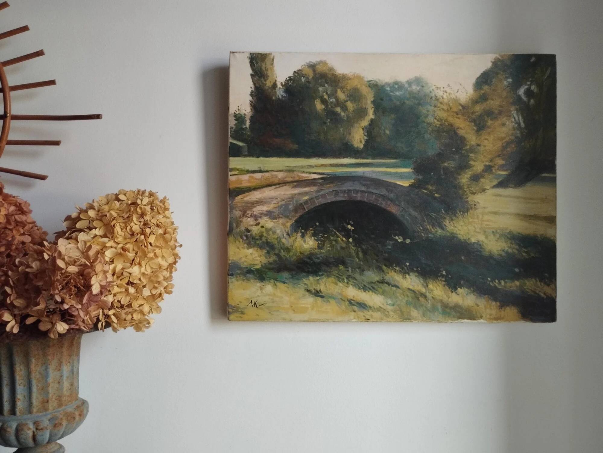 Old brick bridge in Normandy - Signed oil painting