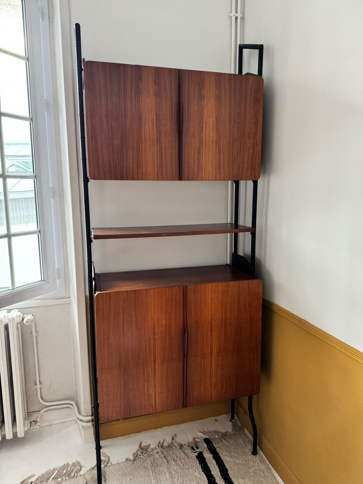 Modular vintage library in teak and black metal — Italian design,