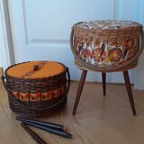 Travailleuse vintage en osier sur pieds compas