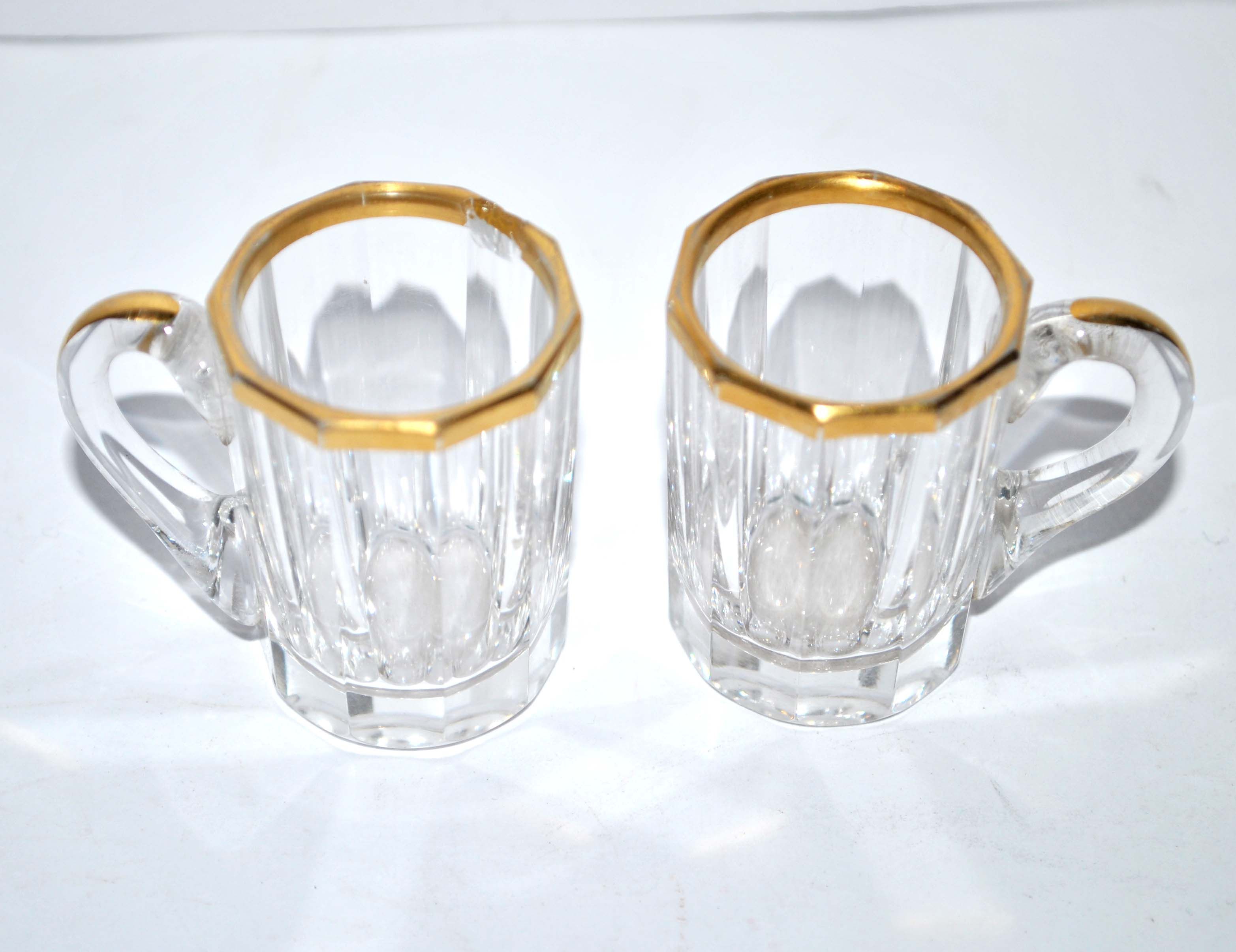 Baccarat set of 2 glasses with liquor mug in gilded cut crystal 1907 4.5cm
