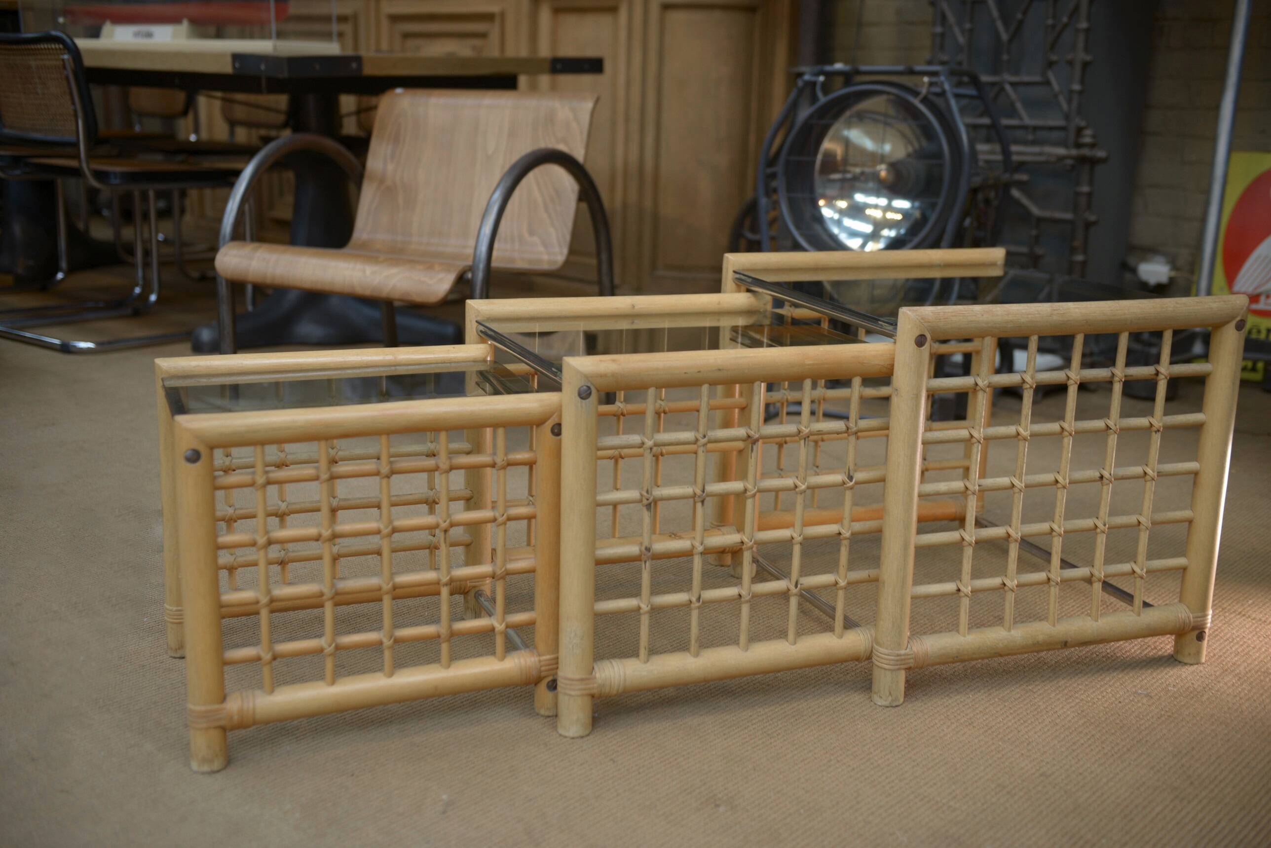 Set of 3 bamboo nesting tables 1960