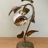 Vintage lamp with leaves in gilded brass and white opaline globe