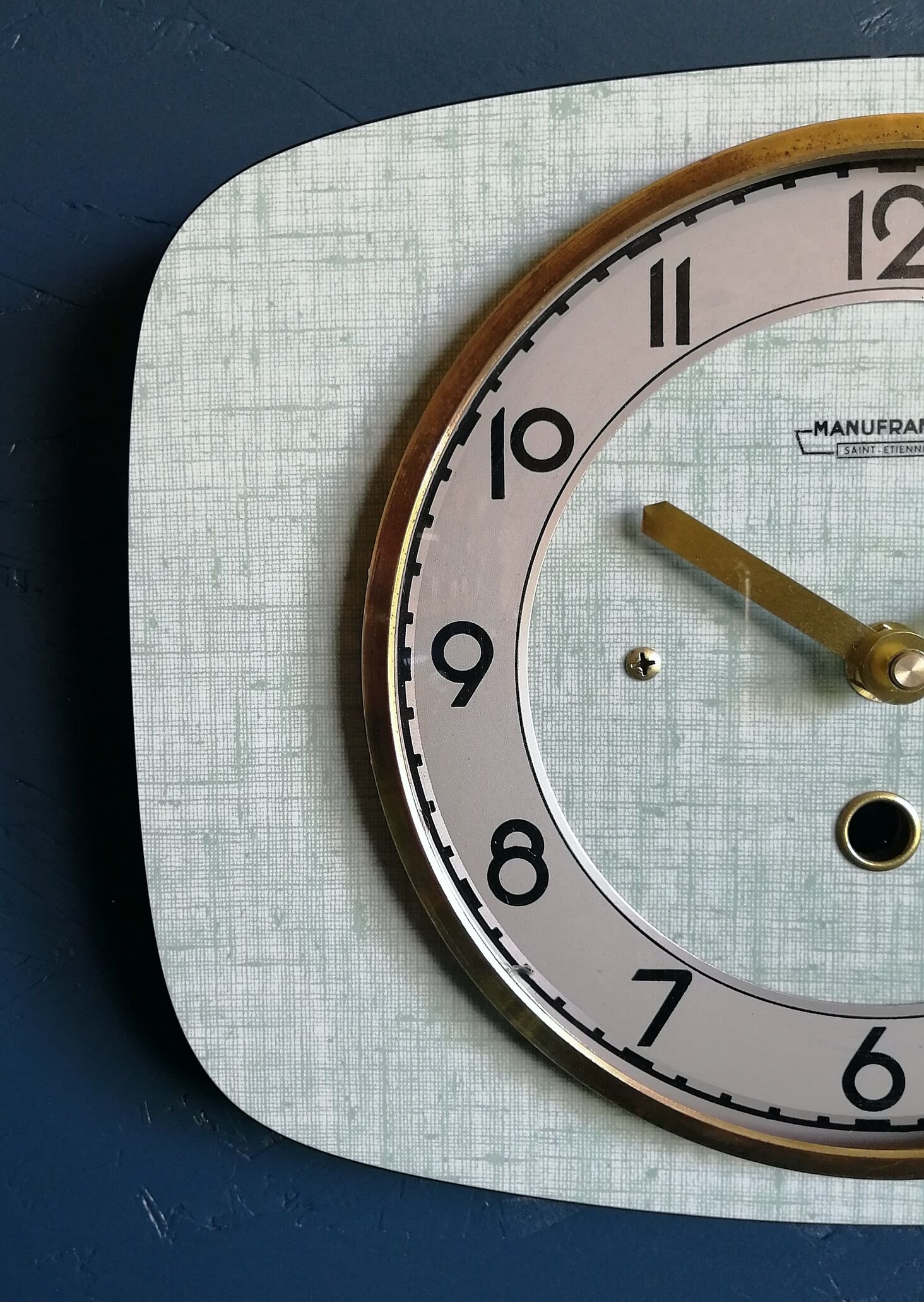 Vintage formica clock silent rectangular wall clock "Manufrance green"