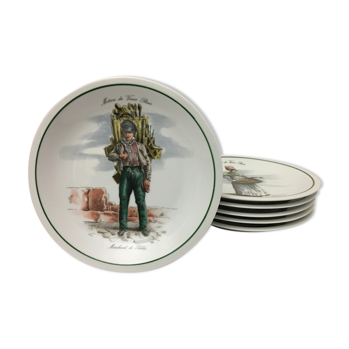 6 Dessert Plates "Métiers du vieux Paris", Porcelaine du Berry