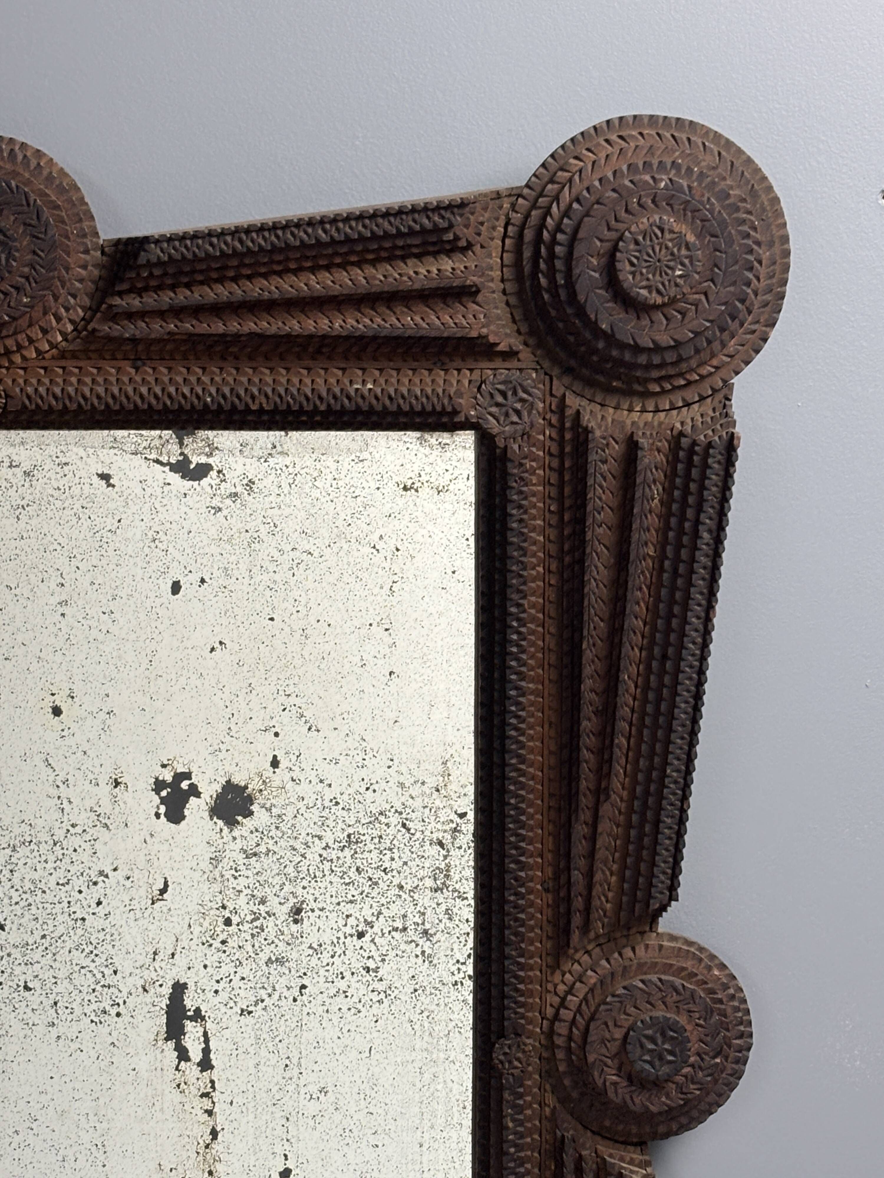 Antique tramp art folk art distressed mirror, Austria ca 1900s