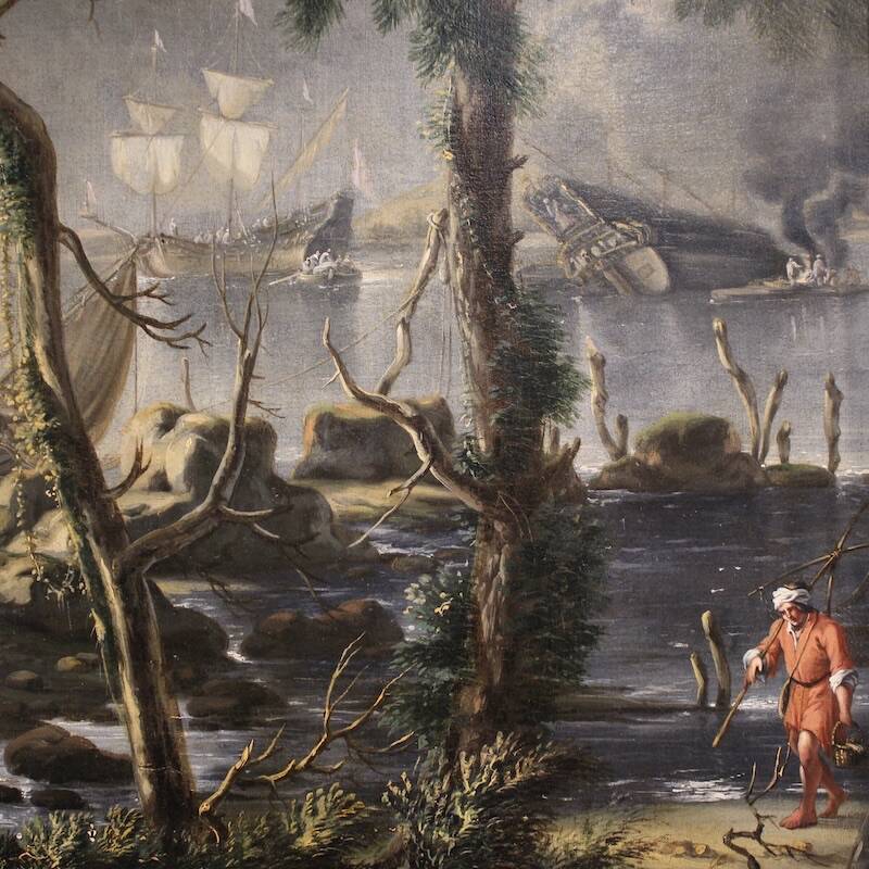 17th century Flemish painting, large landscape with sailing ships