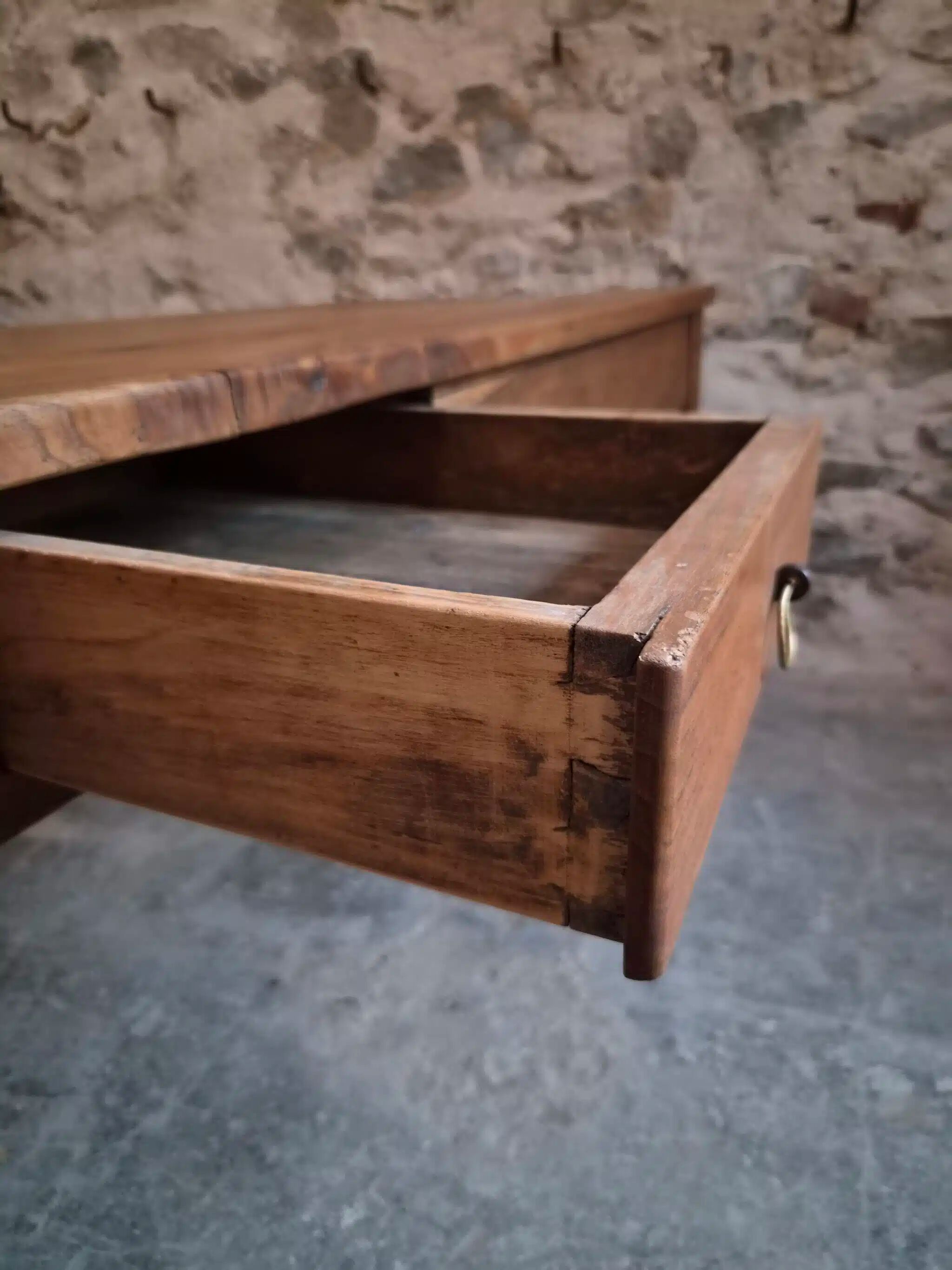 18th-century French farmhouse dining table in oak and chestnut.