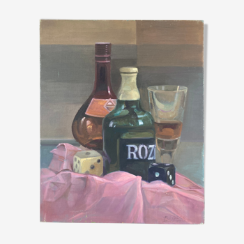 Still life with bottles and dice, signed acrylic on canvas, modern school