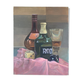 Still life with bottles and dice, signed acrylic on canvas, modern school