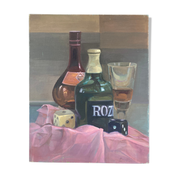 Still life with bottles and dice, signed acrylic on canvas, modern school