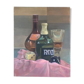 Still life with bottles and dice, signed acrylic on canvas, modern school