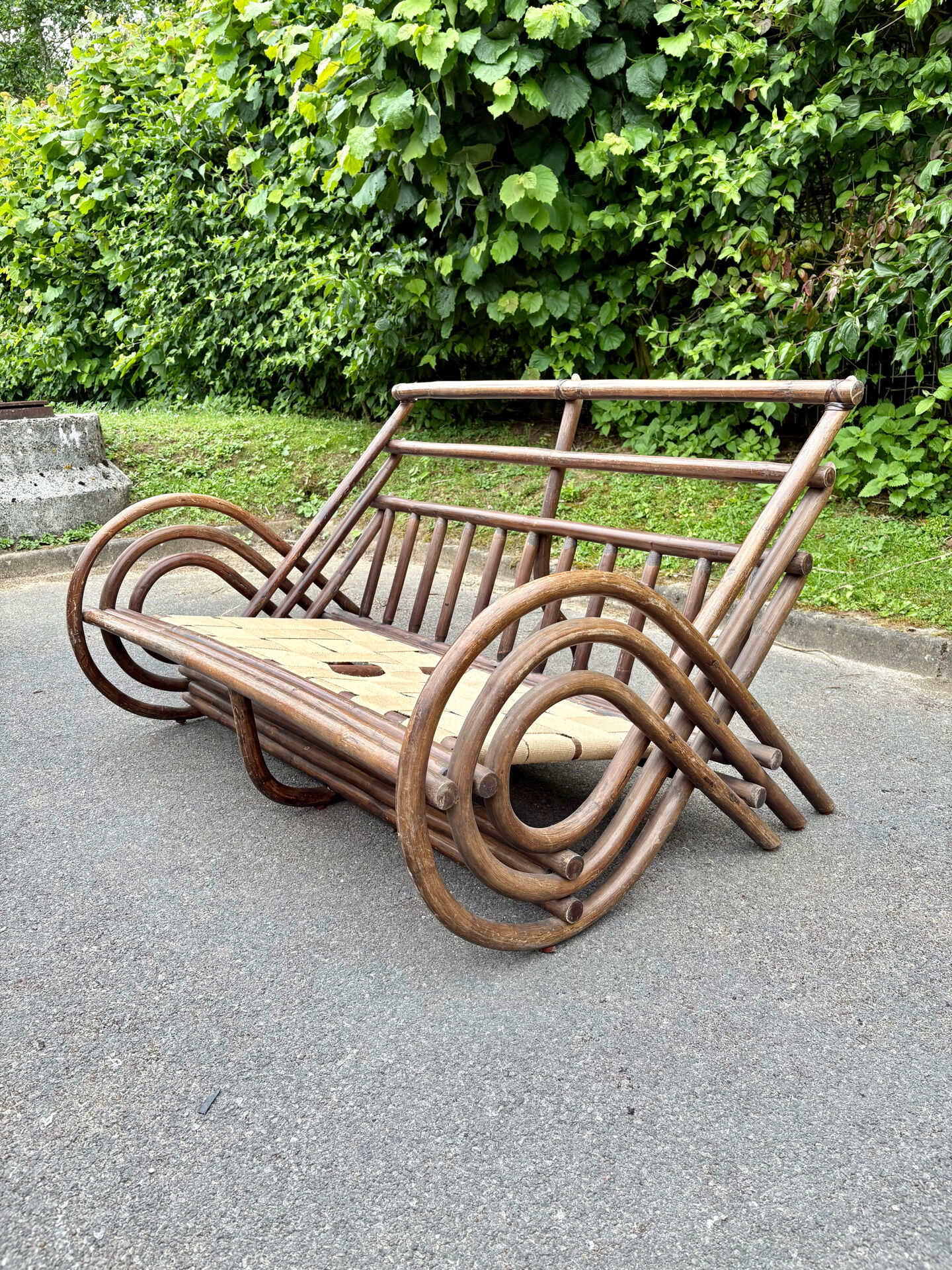 Banquette vintage en rotin - années 70