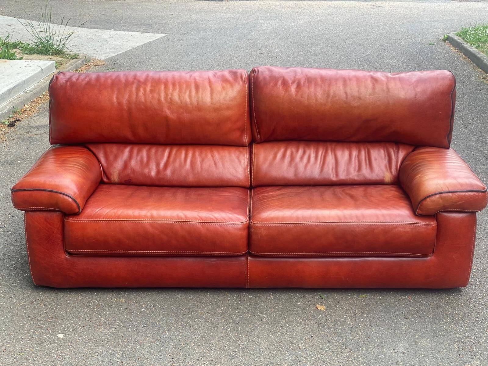 3-seater burgundy leather sofa convertible into a 2-seater bed 1940
