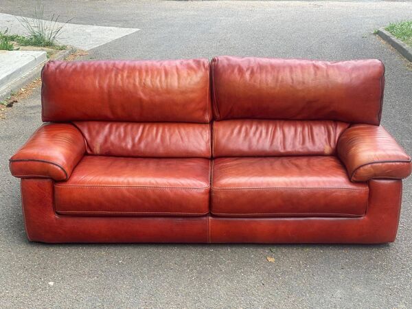 Canapé 3 places en cuir bordeaux convertible lit 2 places 1940