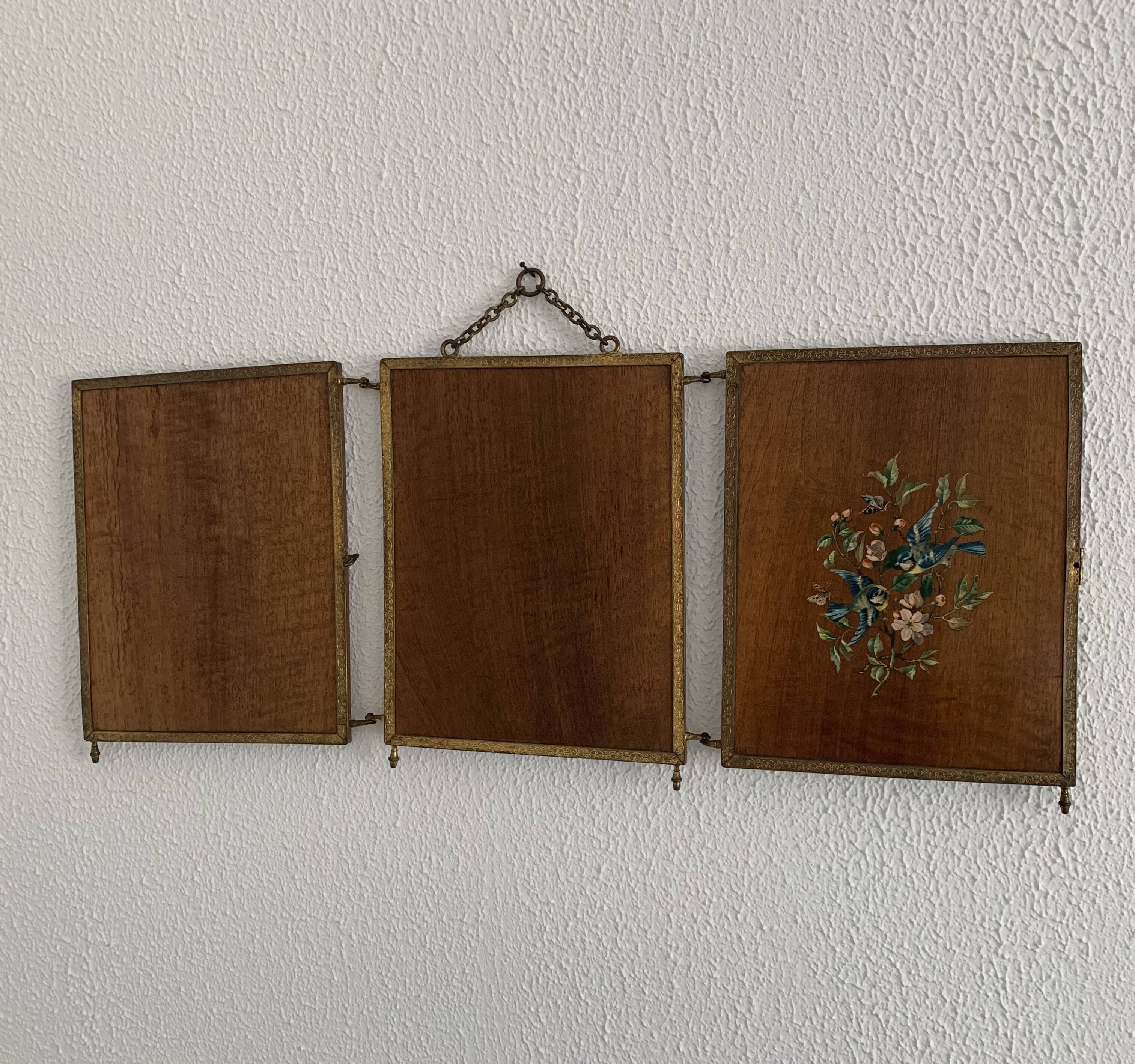 Vintage mirror 1900 barber triptych brass and wood - 29 x 70 cm