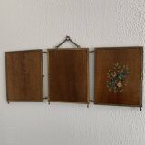 Vintage mirror 1900 barber triptych brass and wood - 29 x 70 cm