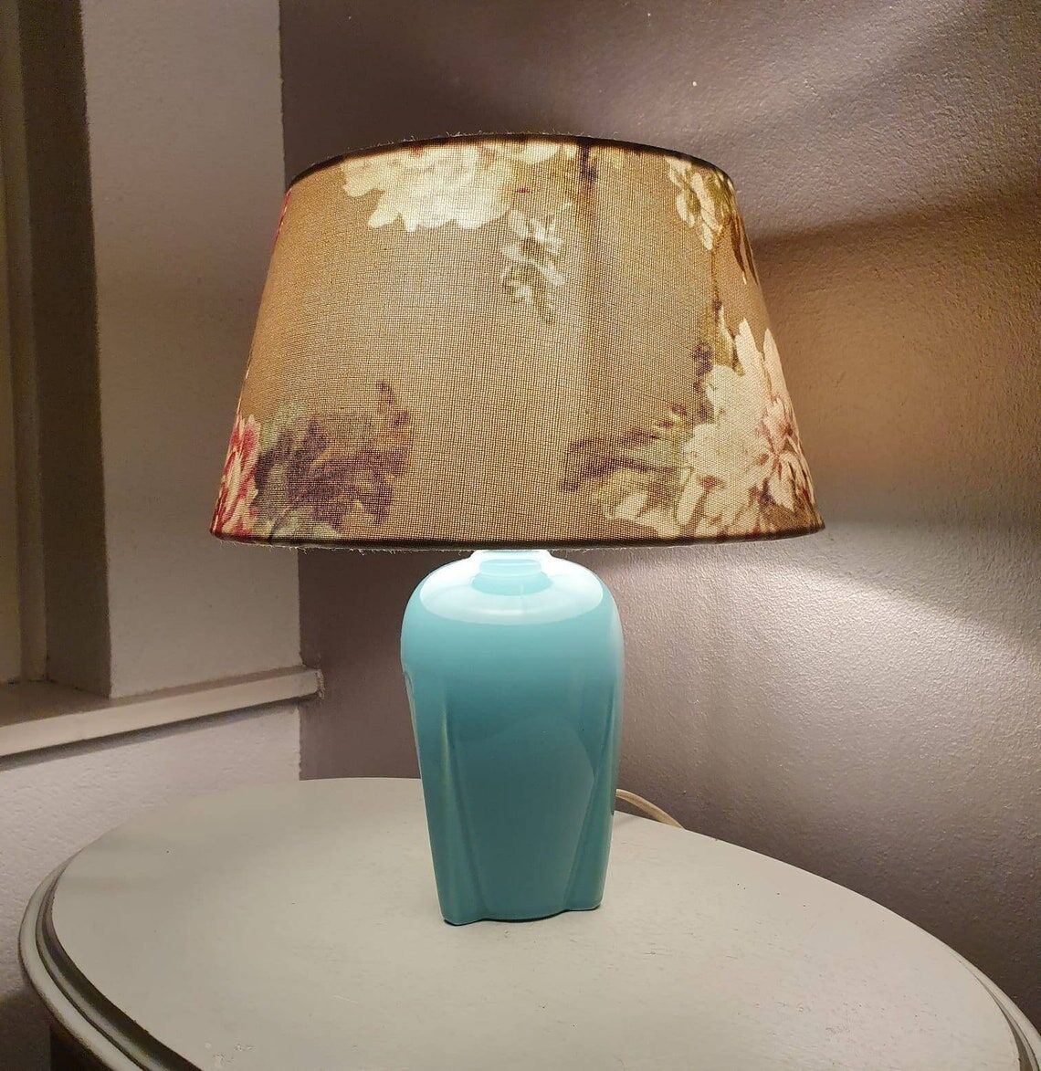 Vintage ceramic table lamp with 80s fabric lampshade