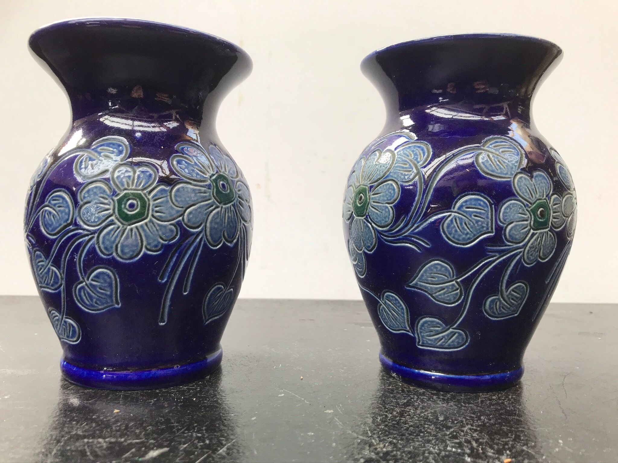 Pair of old Betschdorf vases in vintage Alsace blue enamelled stoneware
