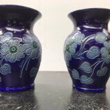 Paire de vases ancien Betschdorf grès émaillé bleu alsace vintage