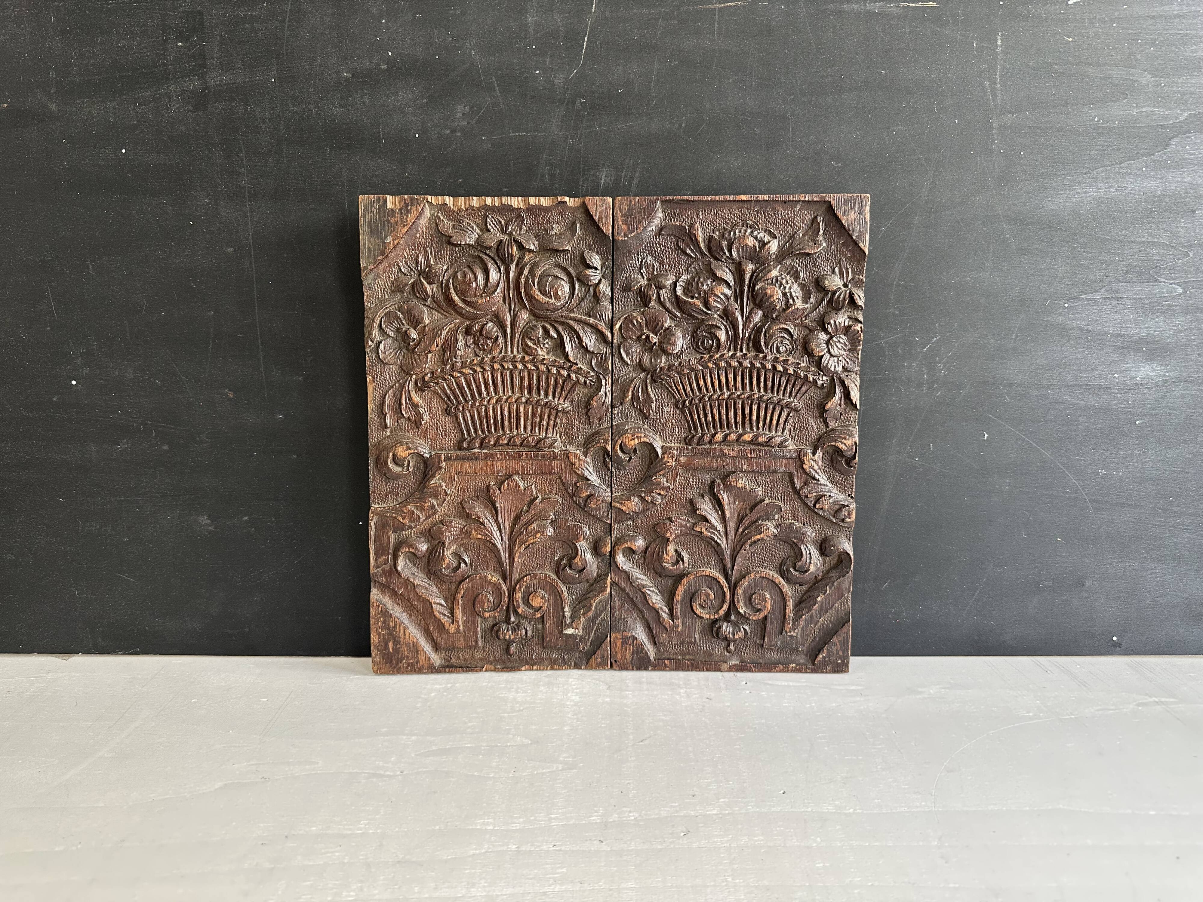Pair of antique decorative panels in carved wood, 19th century
