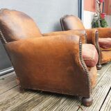 Pair armchairs club leather "punk" back mustache