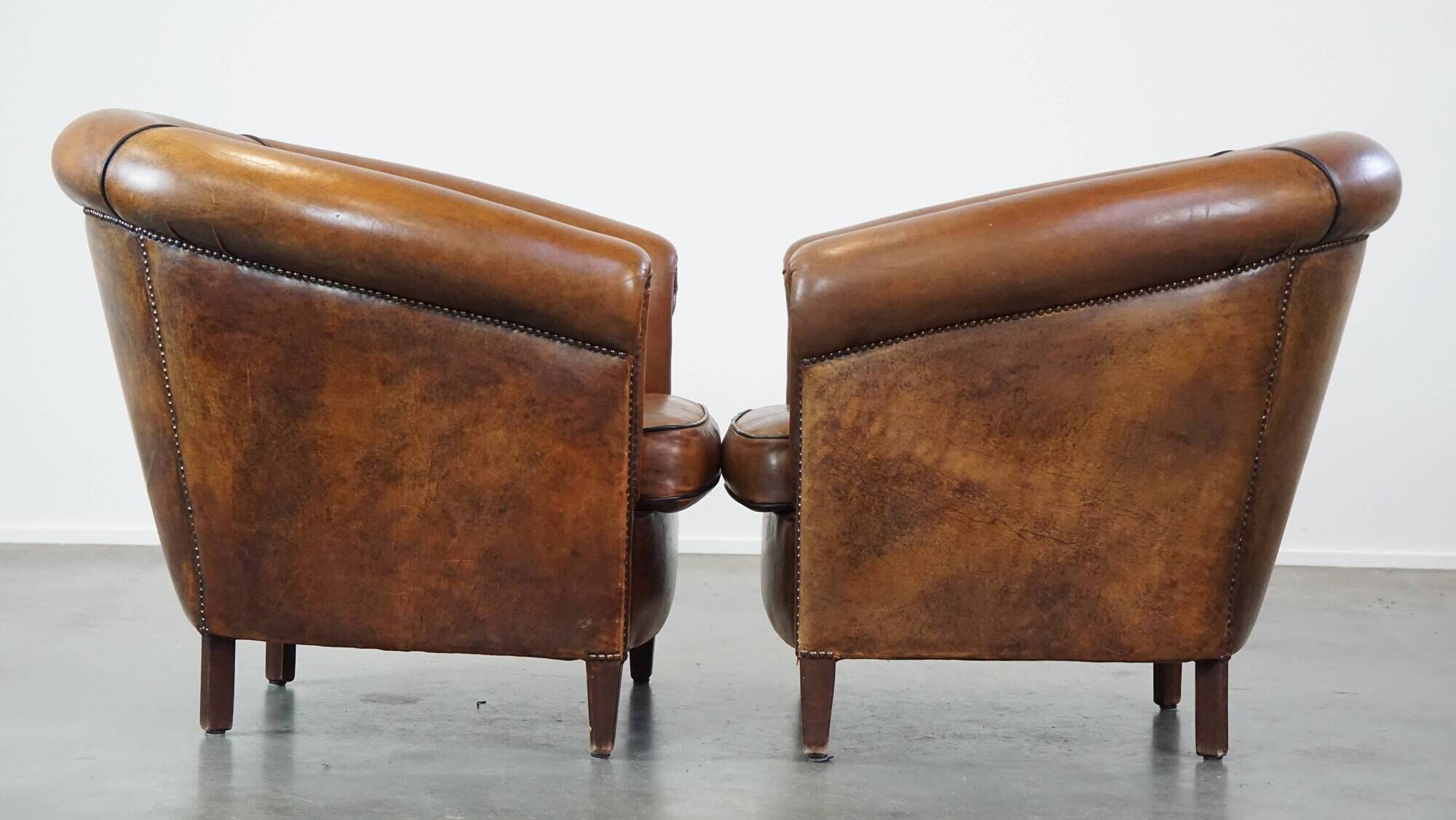 Set of 2 club armchairs in sheepskin leather with black piping