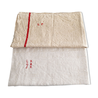 Set of two old monogrammed tea towels