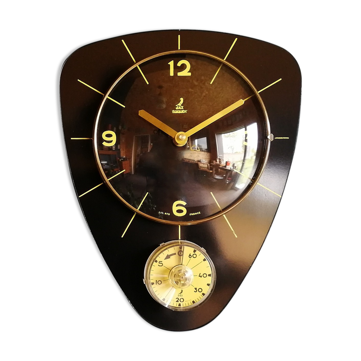 Clock formica vintage wall clock silent timer "Jaz transistor black yellow"