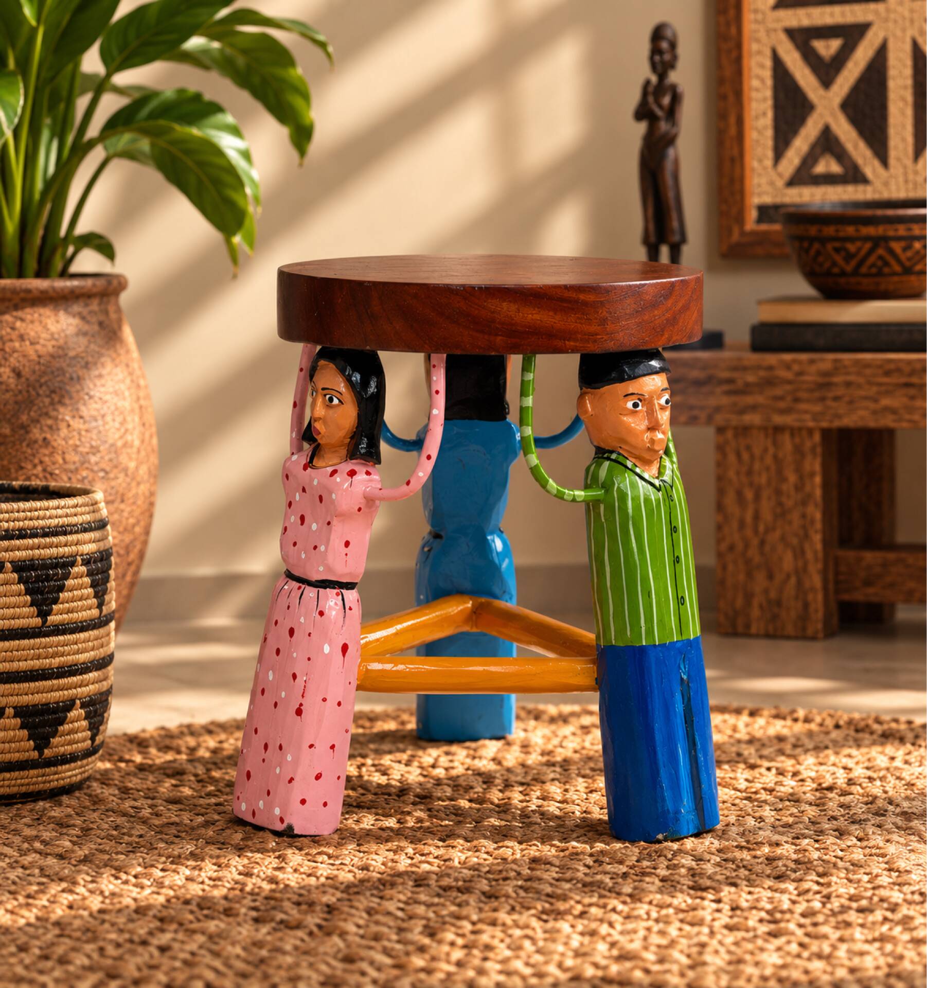 African stool carved and hand-painted – Unique piece from Burkina.
