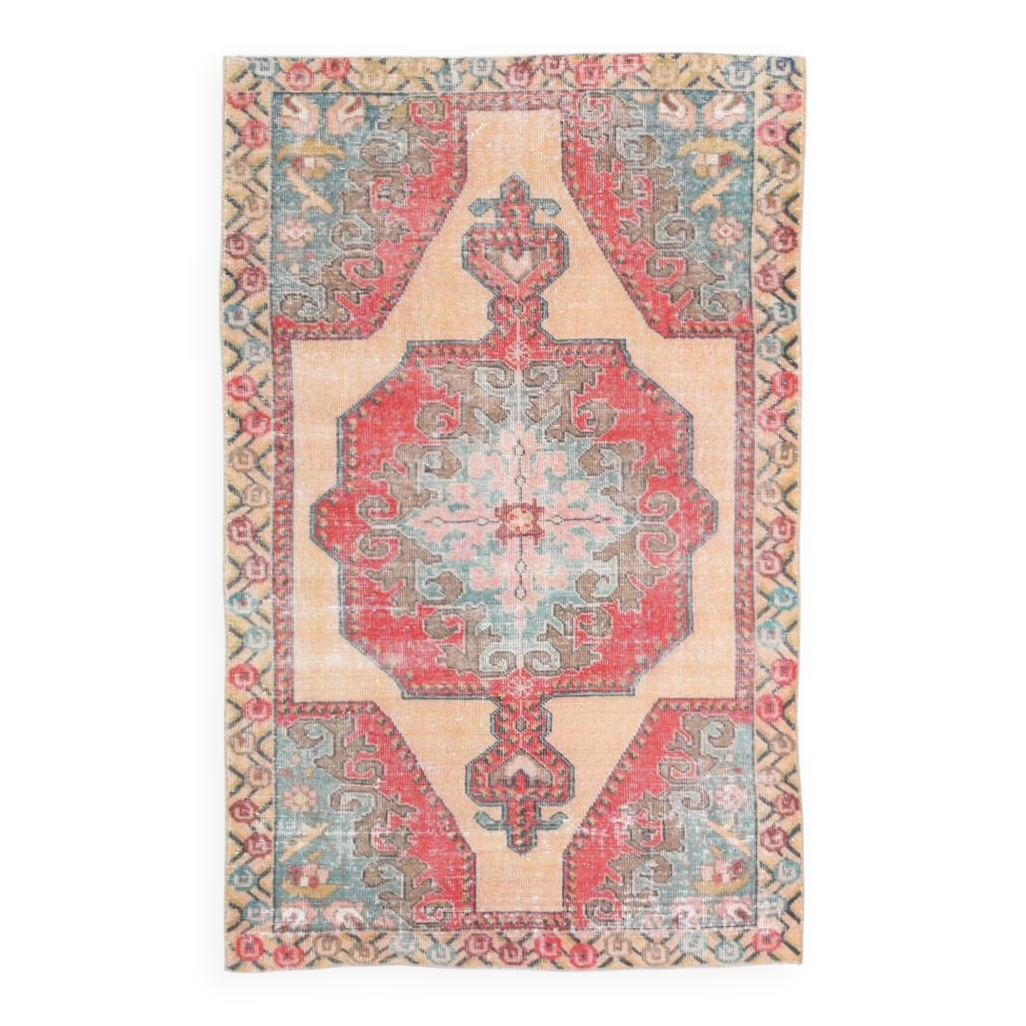 4x7 Orange Red Geometric Oriental Vintage Rug, 134x218Cm