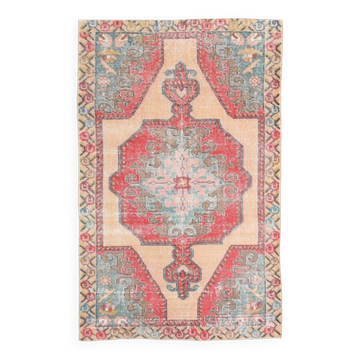 Tapis oriental vintage géométrique orange rouge 4x7, 134x218 cm