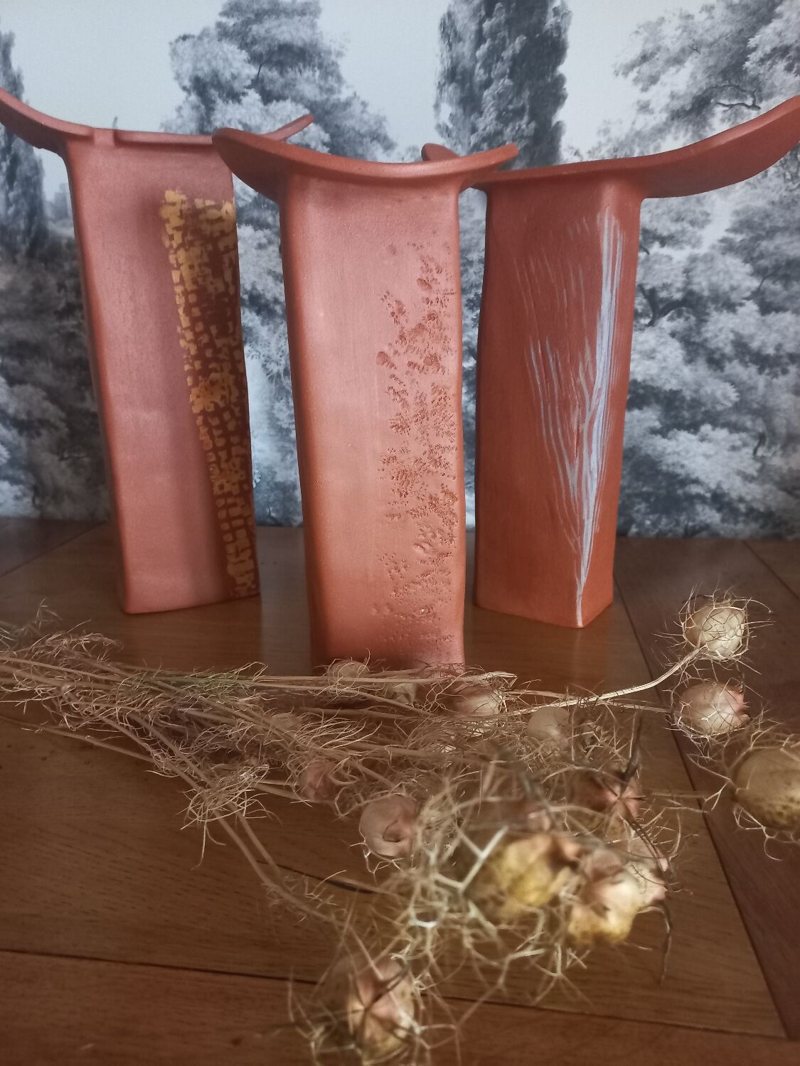 Trio of terracotta vases, unique pieces