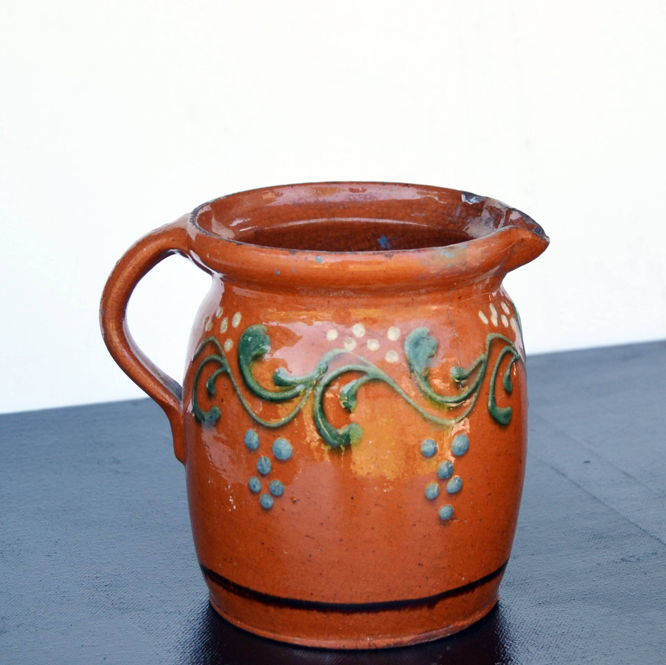 19 th Century French Glazed Terracotta Pitcher Alsace