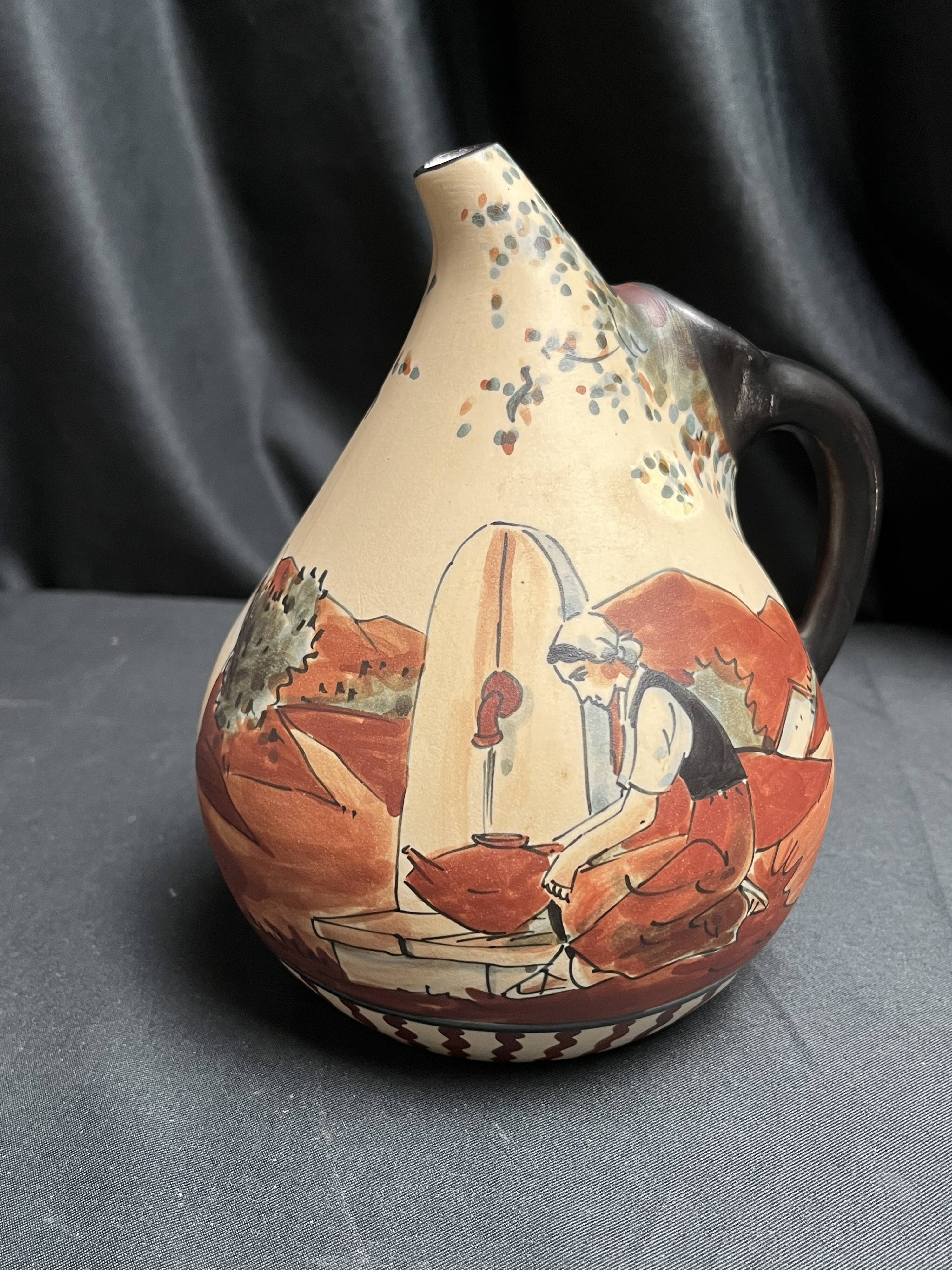 Ciboure pot-bellied pitcher signed Monique Ordoqui circa 1970