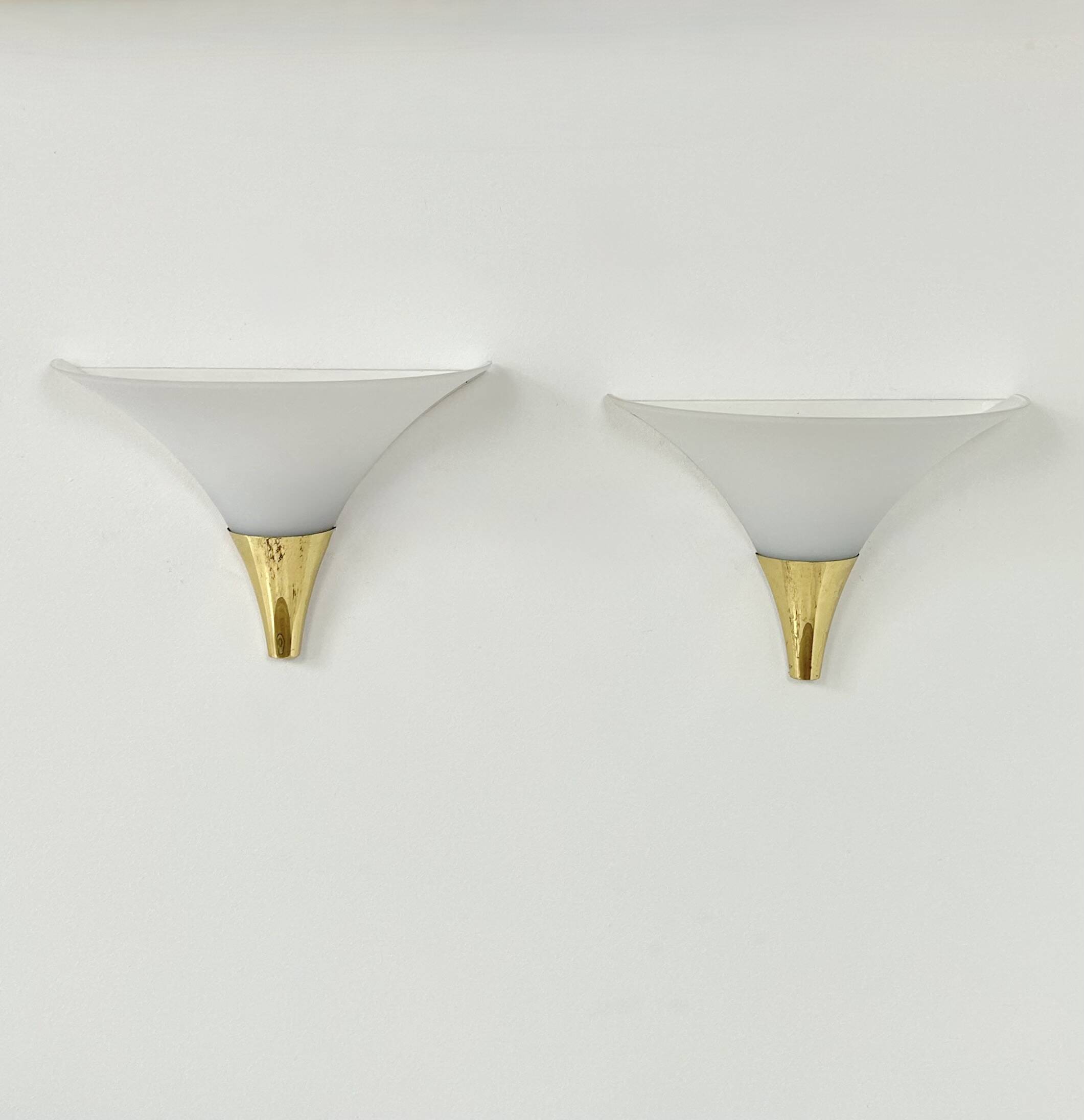 Vintage pair of wall lights, Limburg, opaline and brass, Germany, 1970.
