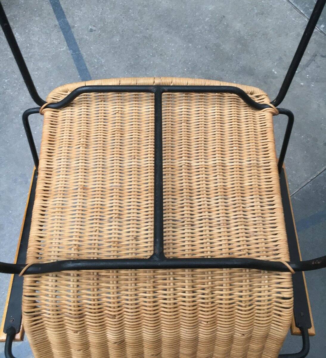 Mid-century metal and rattan dining chairs, set of 3.