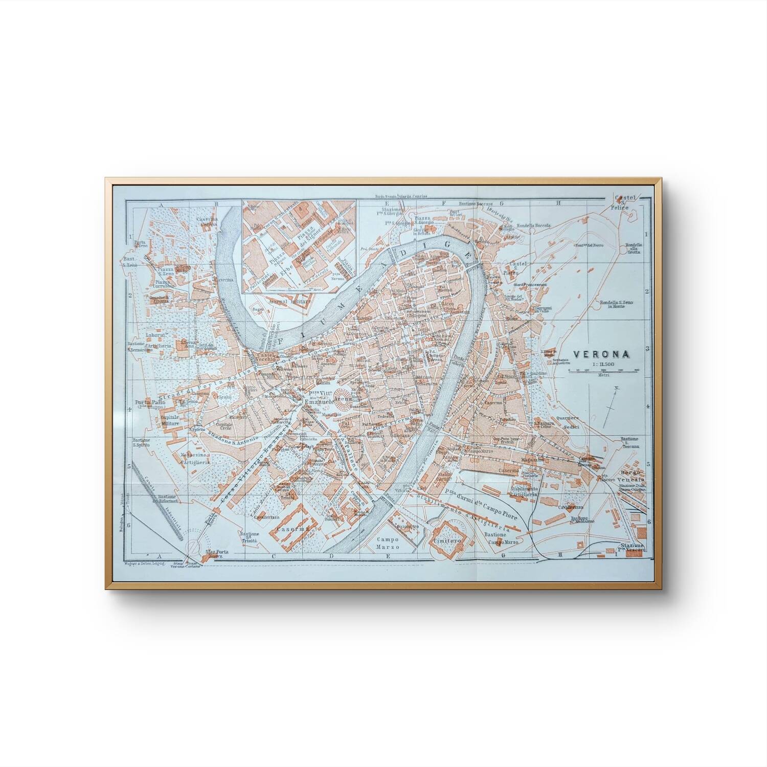 Printed in 1909, map of Verona (Verona), Veneto, Italy.
